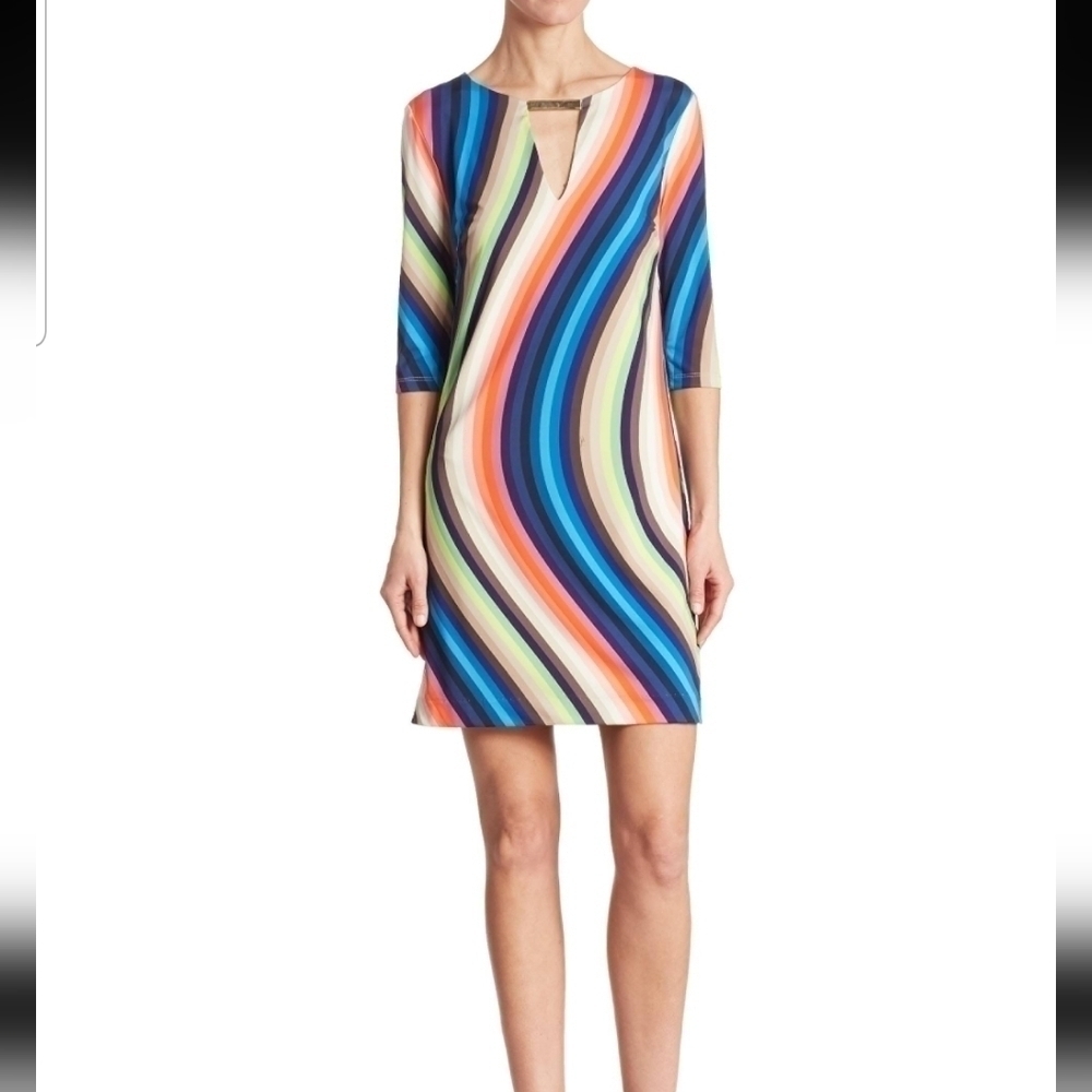 Trina Turk Bolero 3/4 Sleeve Waved Rainbow Striped Shift Dress Size 4